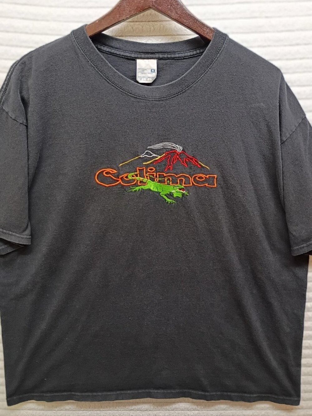 Y2K Colima Mexico Embroidered Souvenir T Shirt Volcano Iguana Black Size XL